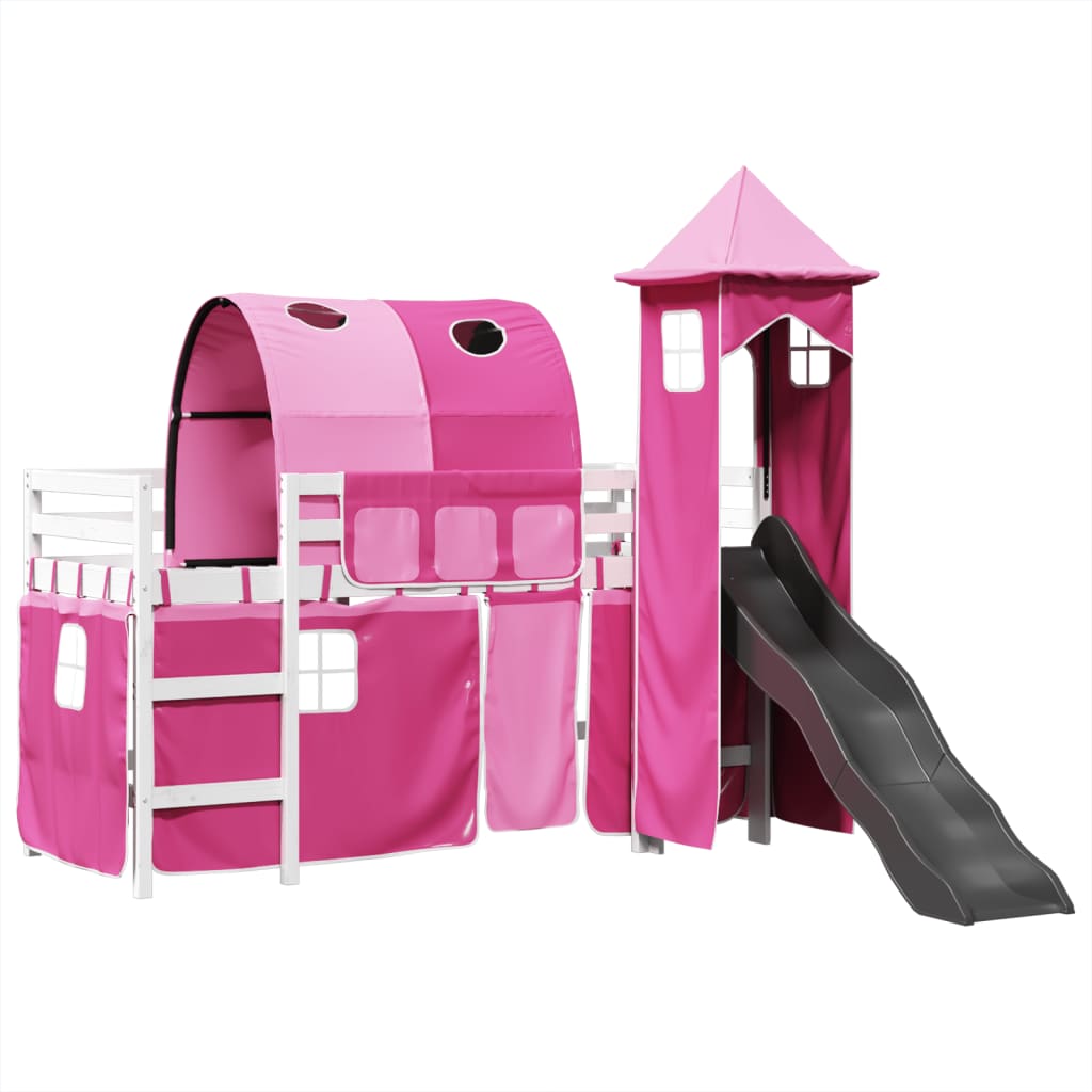 Kinderhoogslaper met toren 90x200 cm massief grenenhout roze is nu te koop bij PeponiXL, paradijselijk wonen!