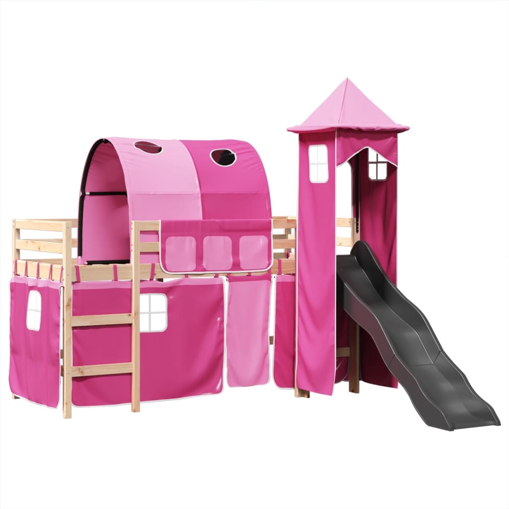 Kinderhoogslaper met toren 90x190 cm massief grenenhout roze is nu te koop bij PeponiXL, paradijselijk wonen!