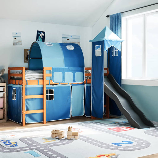 Kinderhoogslaper met toren 90x190 cm massief grenenhout blauw is nu te koop bij PeponiXL, paradijselijk wonen!