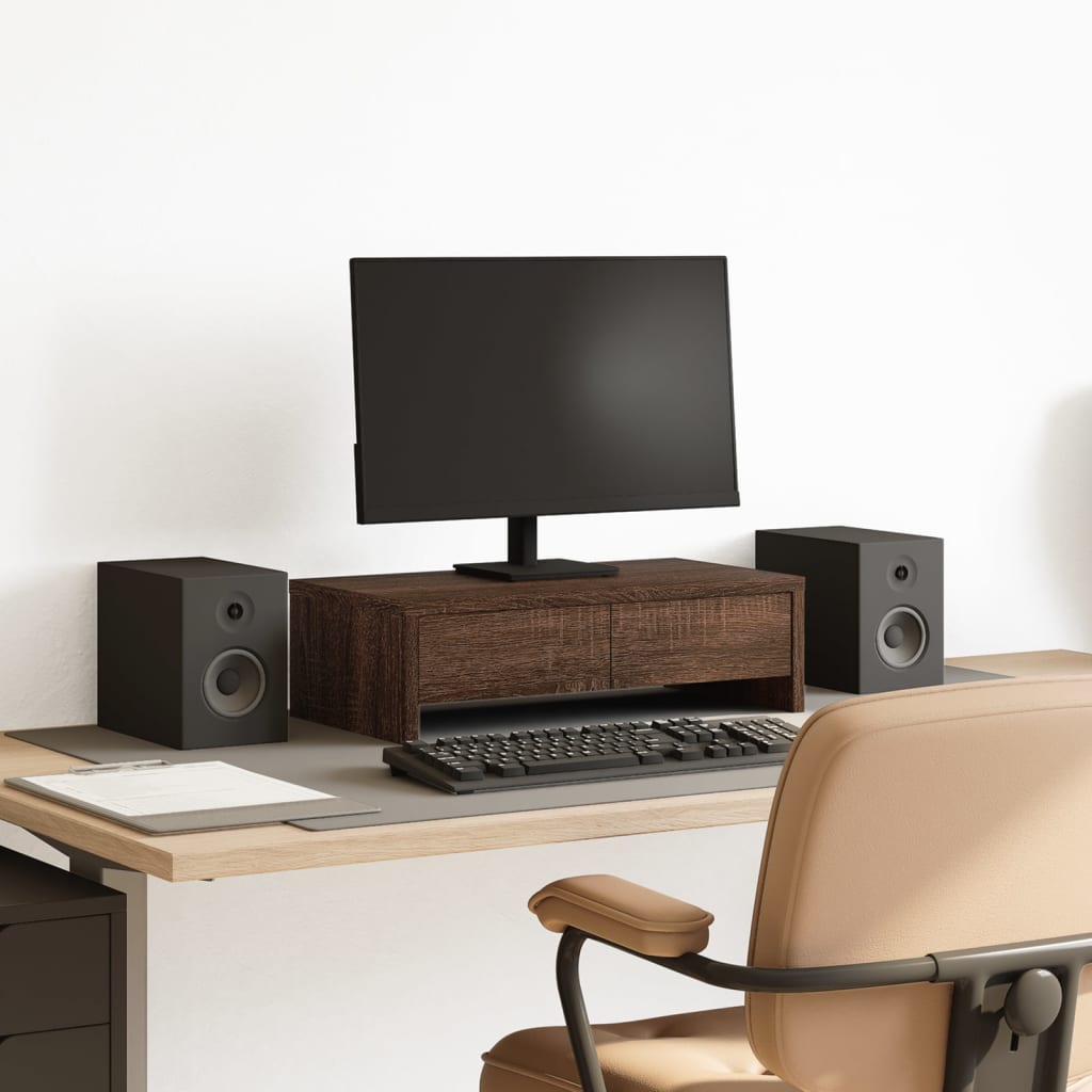 Monitorstandaard met lades 50x27x15 cm hout bruin eikenkleurig is nu te koop bij PeponiXL, paradijselijk wonen!