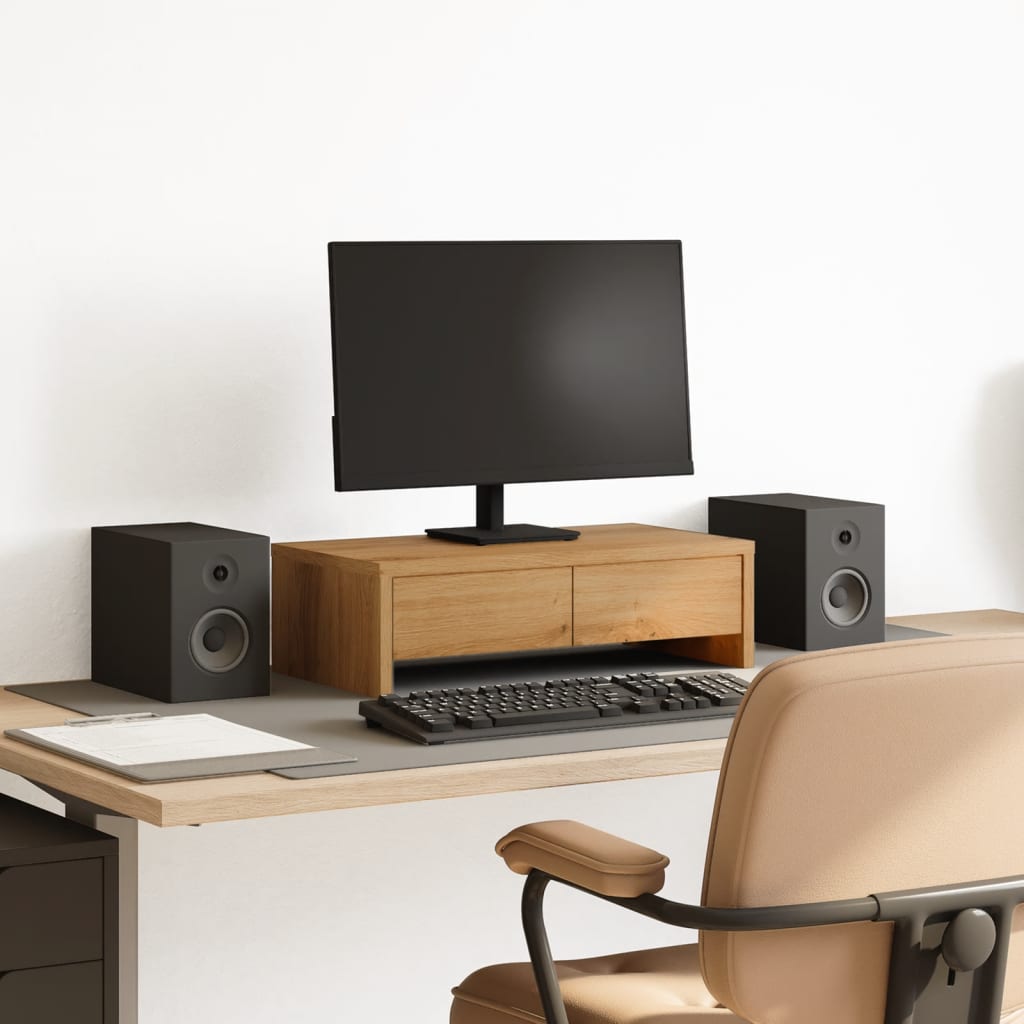 Monitorstandaard met lades 50x27x15 cm hout artisanaal eiken is nu te koop bij PeponiXL, paradijselijk wonen!