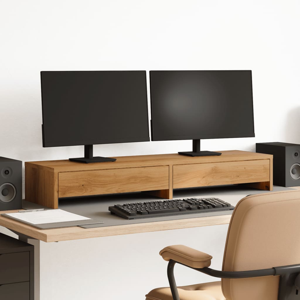Monitorstandaard met lades 100x27x15 cm hout artisanaal eiken is nu te koop bij PeponiXL, paradijselijk wonen!
