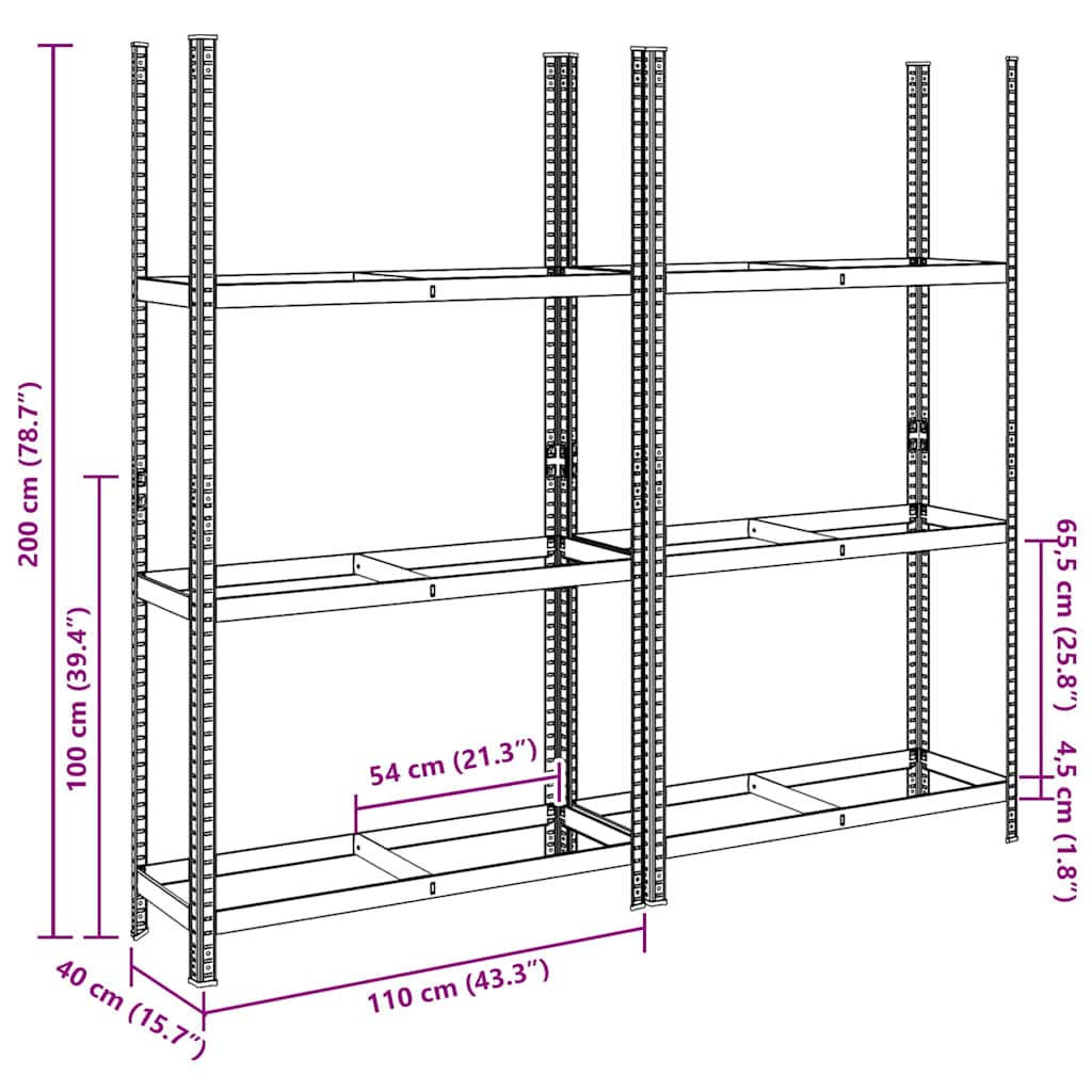 3-laags bandenrekken 2 st 110x40x200 cm staal zilverkleurig