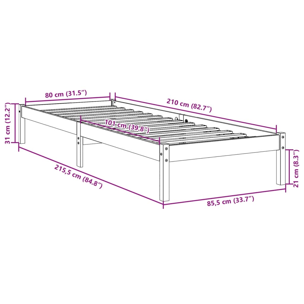 Bedframe extra lang zonder matras massief grenenhout 80x210 cm is nu te koop bij PeponiXL, paradijselijk wonen!