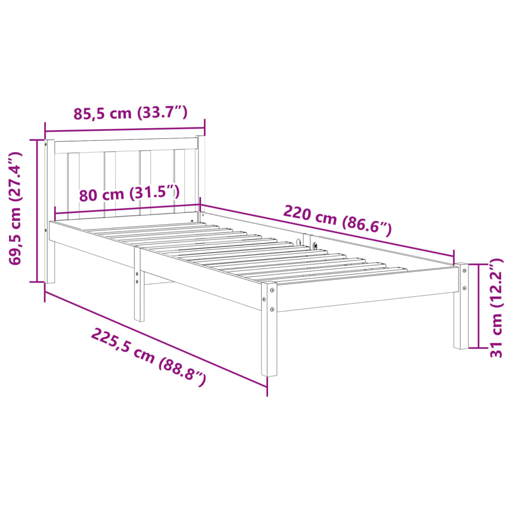 Bedframe extra lang zonder matras grenenhout wit 80x220 cm is nu te koop bij PeponiXL, paradijselijk wonen!