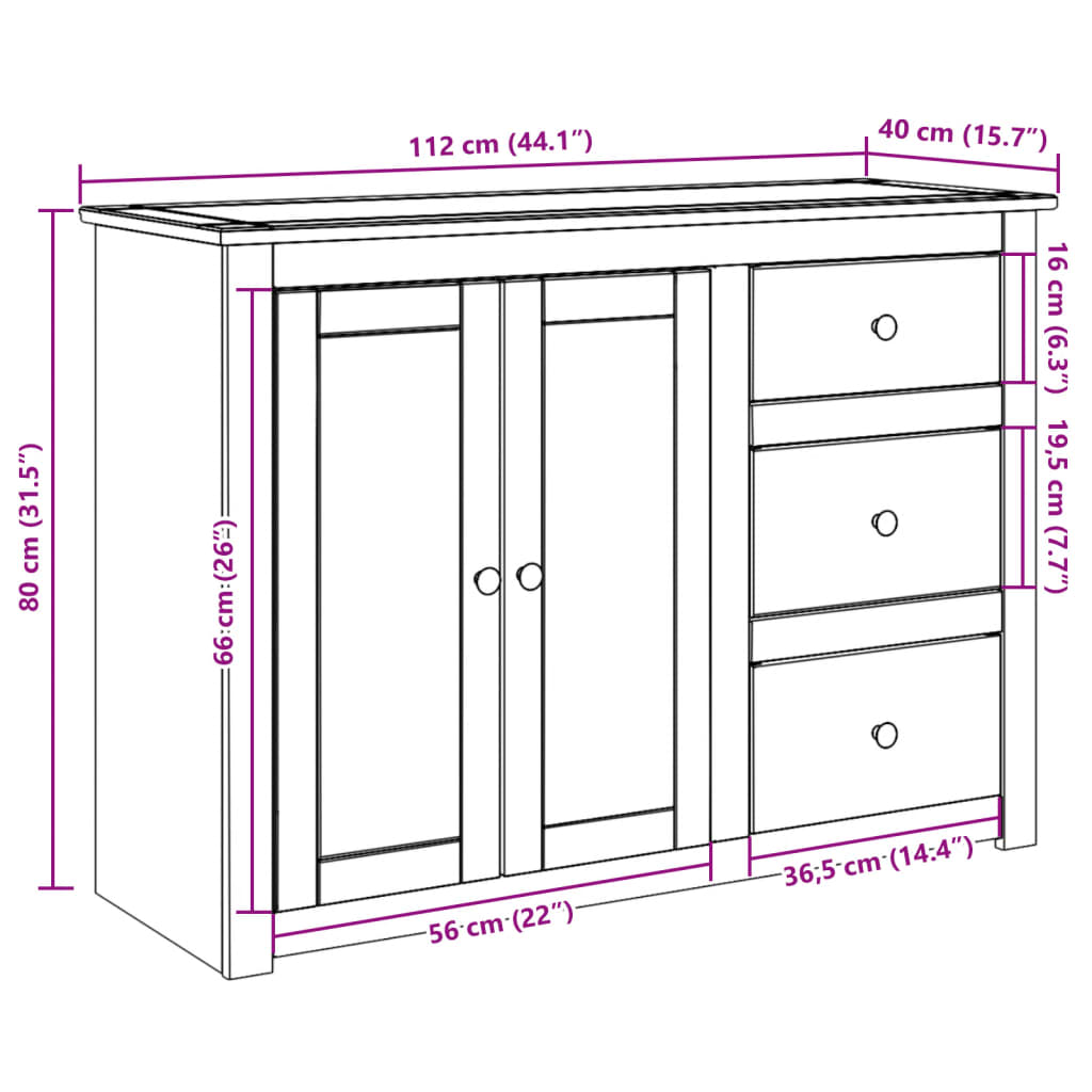 Dressoir met lades PANAMA 112x40x80 cm massief grenenhout is nu te koop bij PeponiXL, paradijselijk wonen!