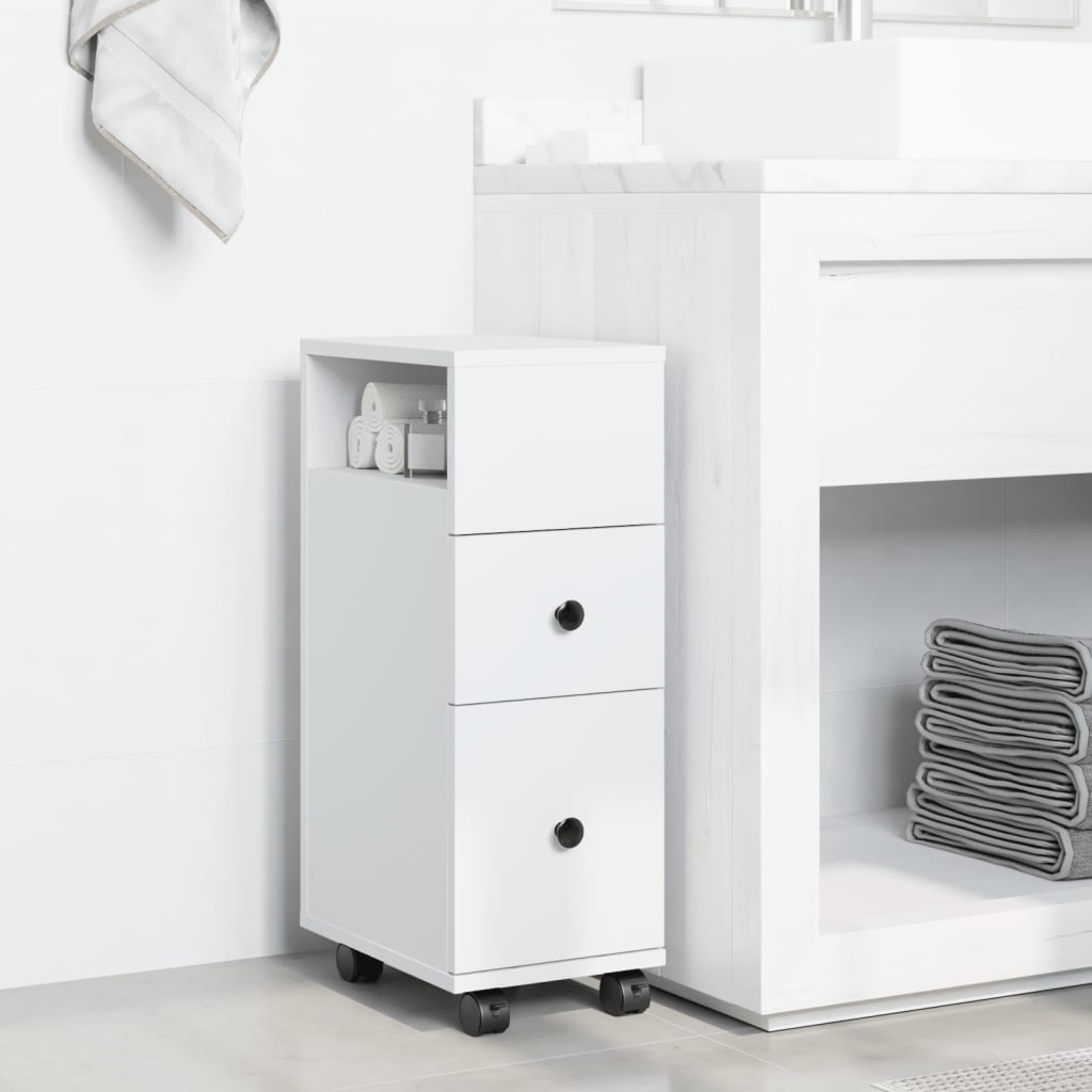 Badkamerkast smal met wielen bewerkt hout wit is nu te koop bij PeponiXL, paradijselijk wonen!