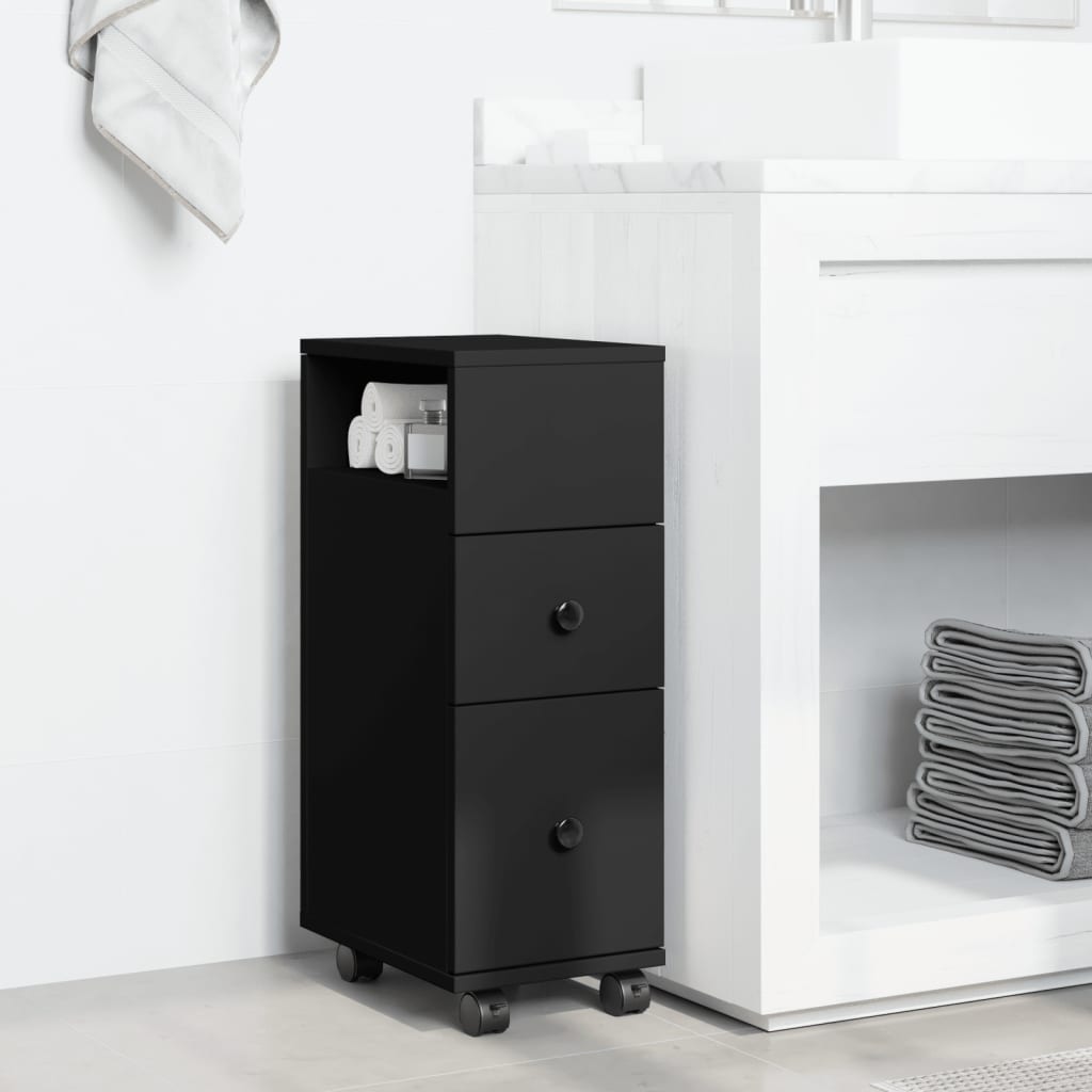 Badkamerkast smal met wielen bewerkt hout zwart is nu te koop bij PeponiXL, paradijselijk wonen!