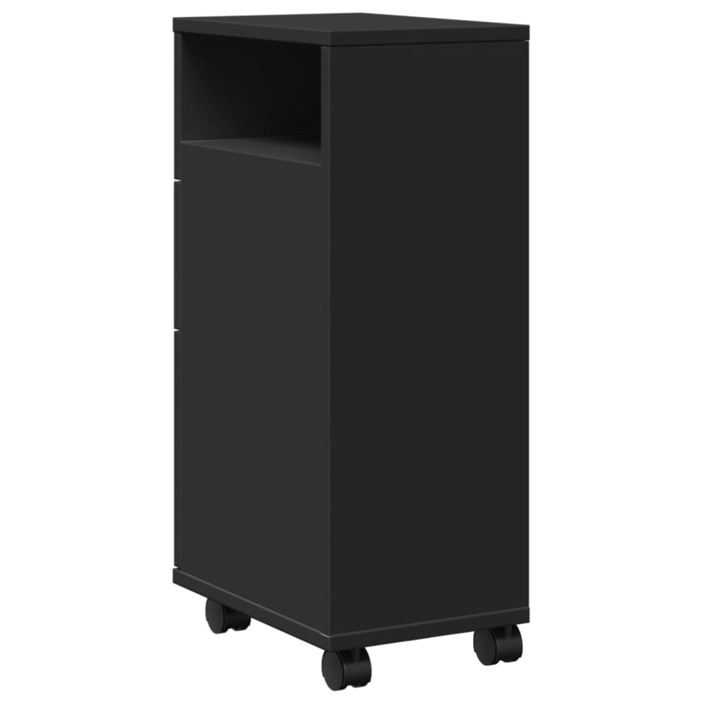 Badkamerkast smal met wielen bewerkt hout zwart is nu te koop bij PeponiXL, paradijselijk wonen!
