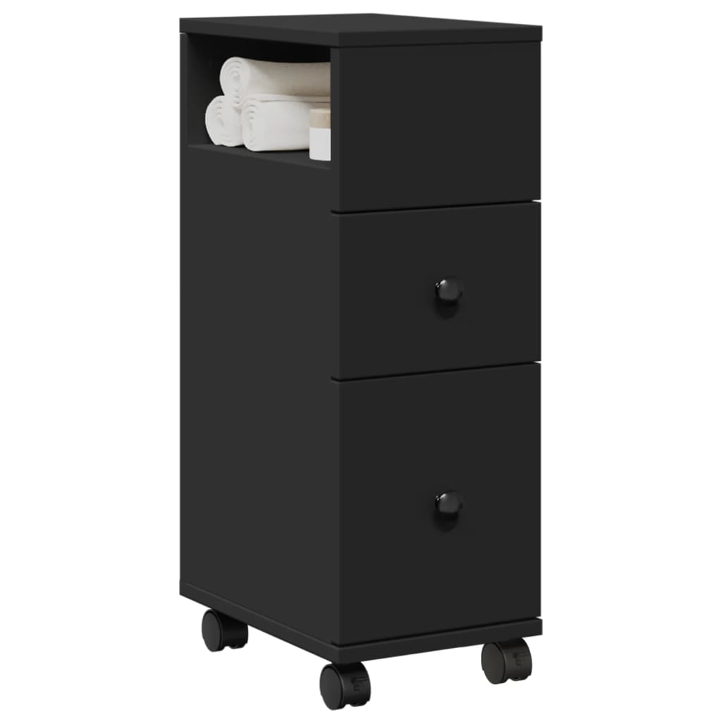 Badkamerkast smal met wielen bewerkt hout zwart is nu te koop bij PeponiXL, paradijselijk wonen!