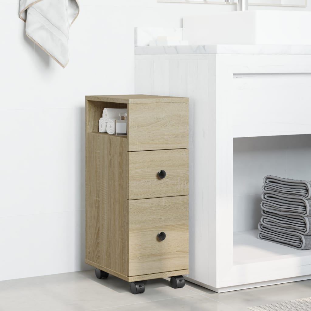 Badkamerkast smal met wielen bewerkt hout sonoma eikenkleurig is nu te koop bij PeponiXL, paradijselijk wonen!