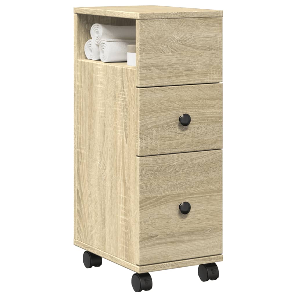Badkamerkast smal met wielen bewerkt hout sonoma eikenkleurig is nu te koop bij PeponiXL, paradijselijk wonen!