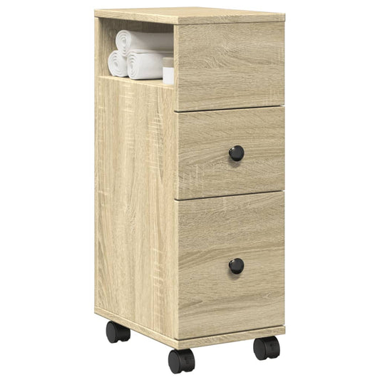 Badkamerkast smal met wielen bewerkt hout sonoma eikenkleurig is nu te koop bij PeponiXL, paradijselijk wonen!