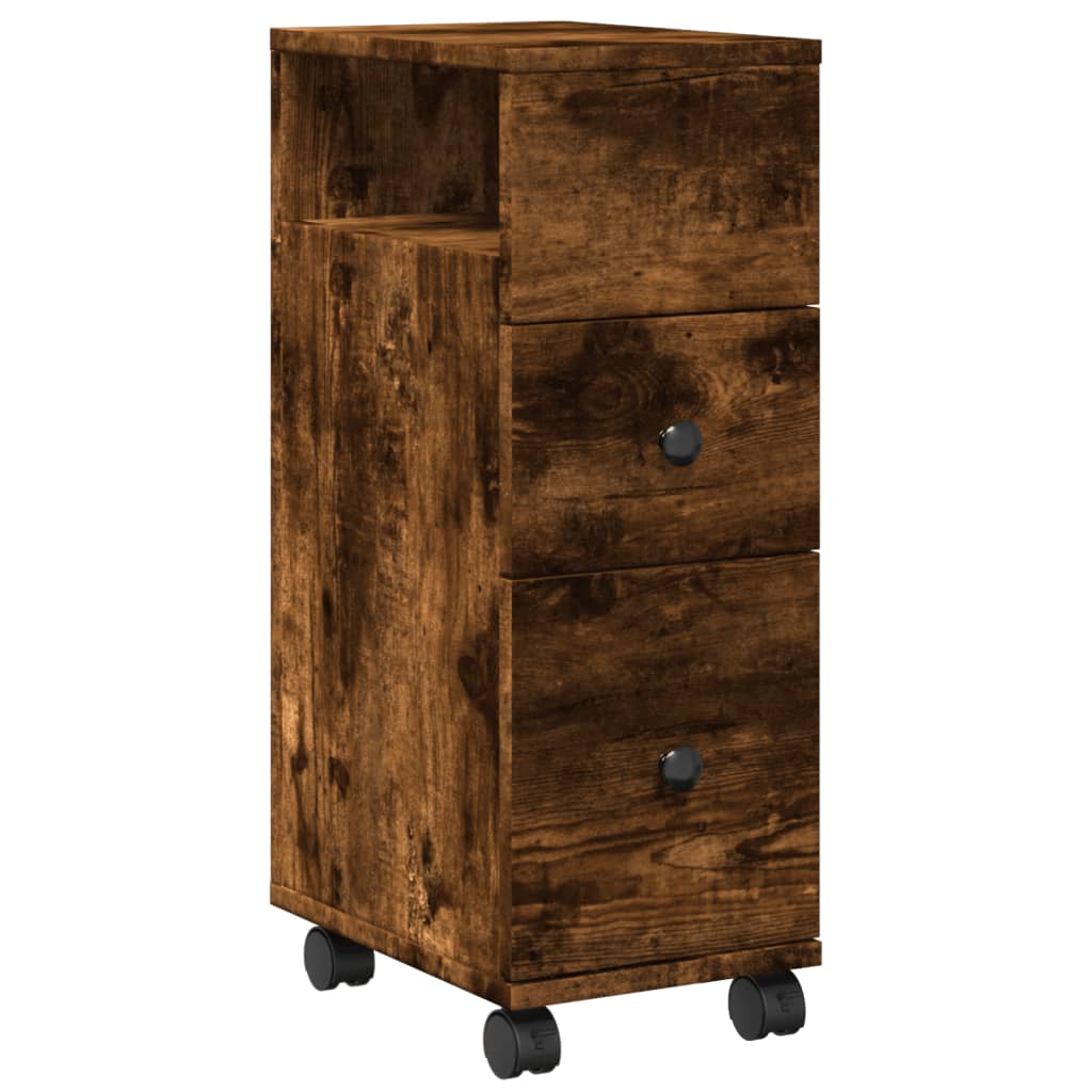 Badkamerkast smal met wielen bewerkt hout gerookt eikenkleurig is nu te koop bij PeponiXL, paradijselijk wonen!