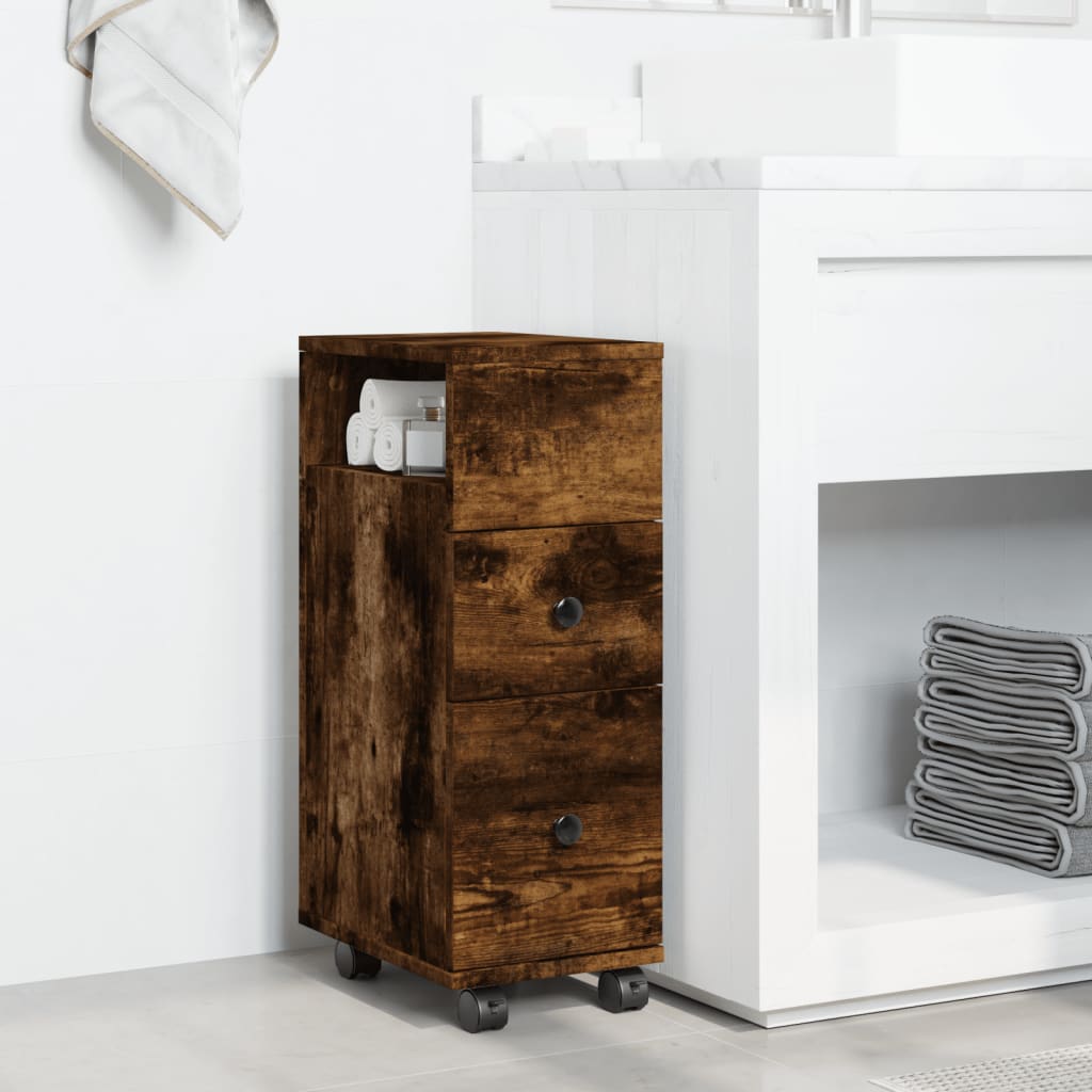 Badkamerkast smal met wielen bewerkt hout gerookt eikenkleurig is nu te koop bij PeponiXL, paradijselijk wonen!