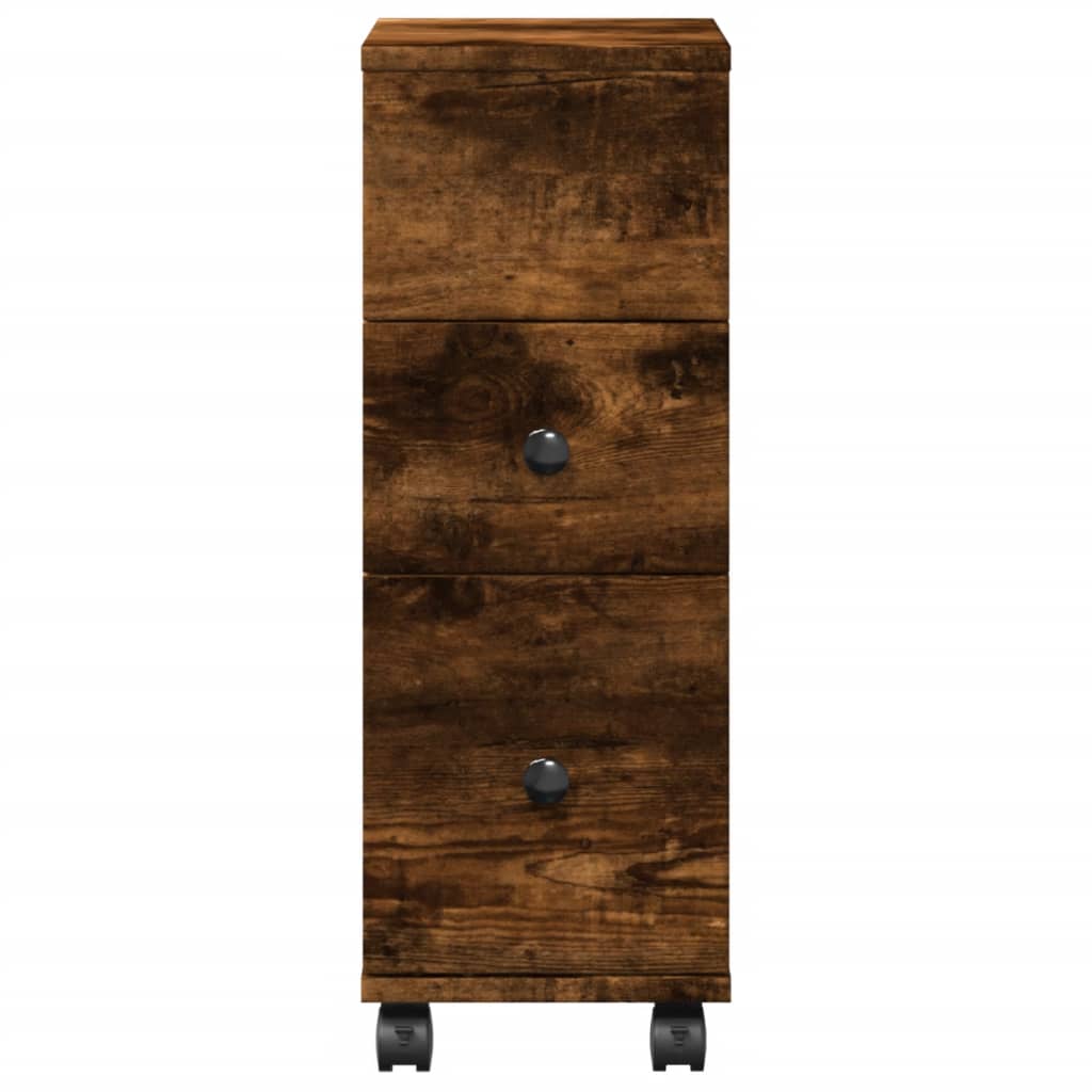 Badkamerkast smal met wielen bewerkt hout gerookt eikenkleurig is nu te koop bij PeponiXL, paradijselijk wonen!