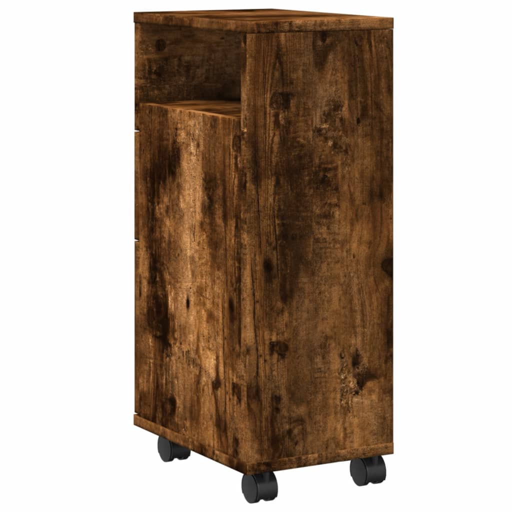 Badkamerkast smal met wielen bewerkt hout gerookt eikenkleurig is nu te koop bij PeponiXL, paradijselijk wonen!