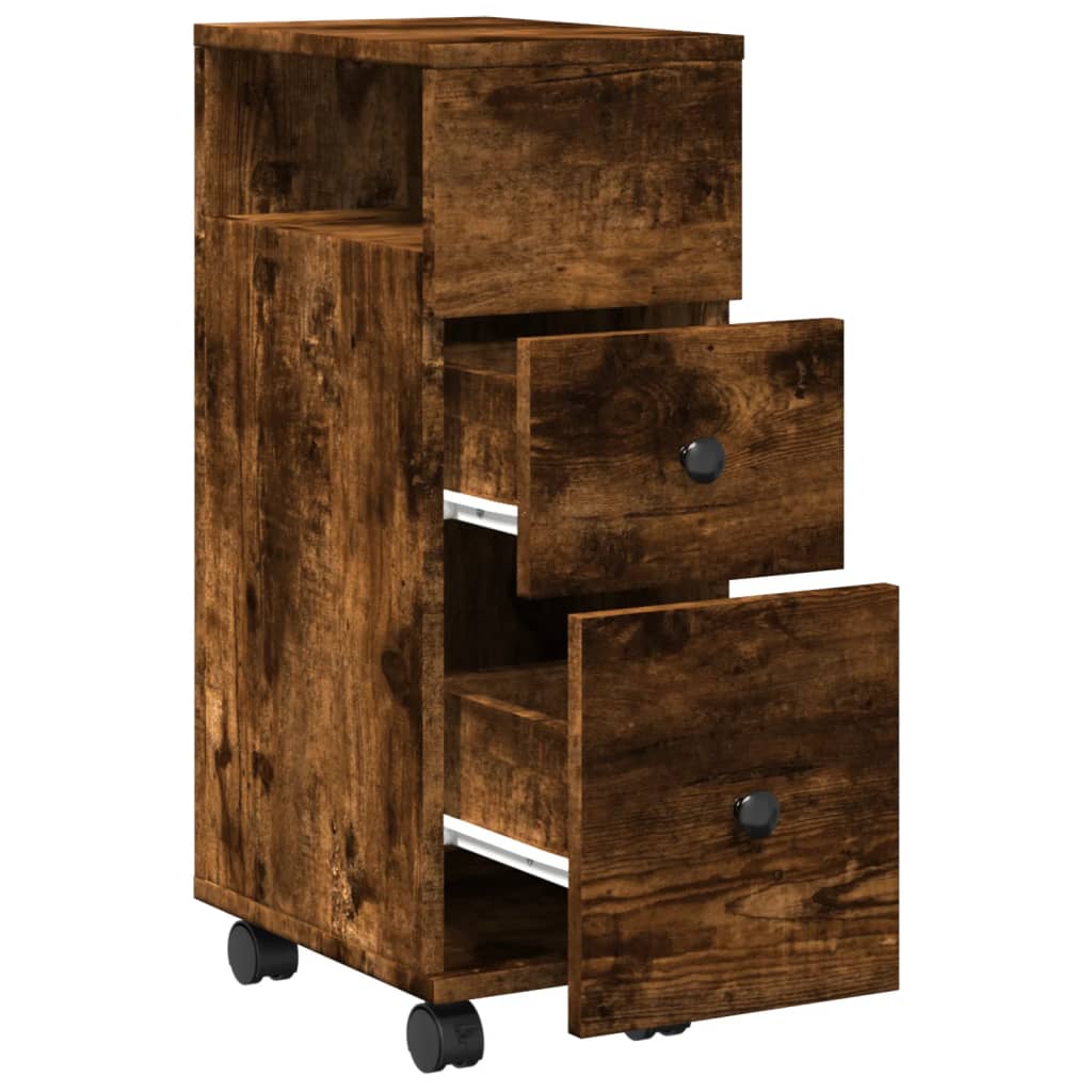 Badkamerkast smal met wielen bewerkt hout gerookt eikenkleurig is nu te koop bij PeponiXL, paradijselijk wonen!