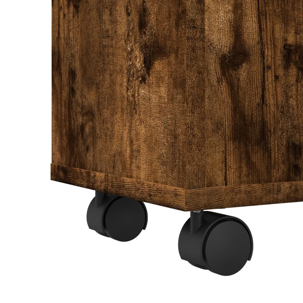 Badkamerkast smal met wielen bewerkt hout gerookt eikenkleurig is nu te koop bij PeponiXL, paradijselijk wonen!