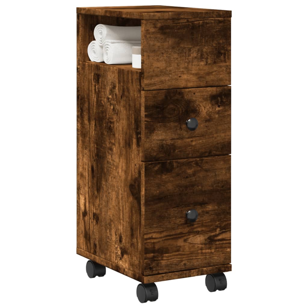 Badkamerkast smal met wielen bewerkt hout gerookt eikenkleurig is nu te koop bij PeponiXL, paradijselijk wonen!