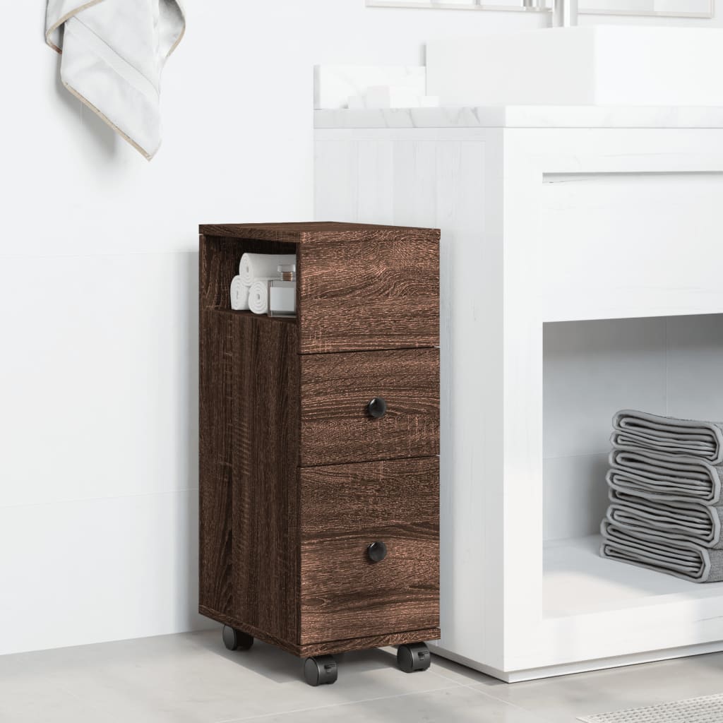 Badkamerkast smal met wielen bewerkt hout bruin eikenkleurig is nu te koop bij PeponiXL, paradijselijk wonen!