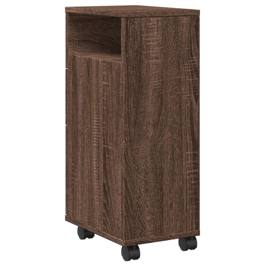 Badkamerkast smal met wielen bewerkt hout bruin eikenkleurig is nu te koop bij PeponiXL, paradijselijk wonen!