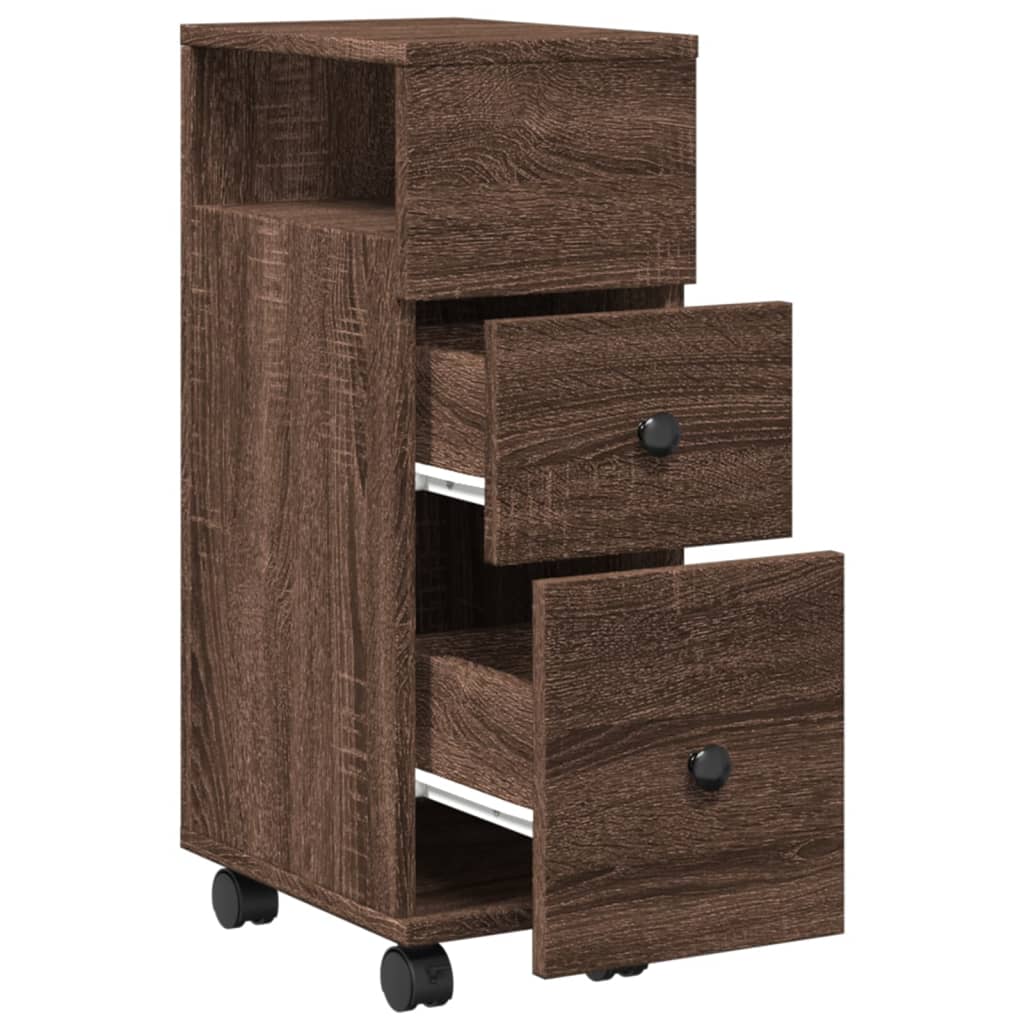Badkamerkast smal met wielen bewerkt hout bruin eikenkleurig is nu te koop bij PeponiXL, paradijselijk wonen!