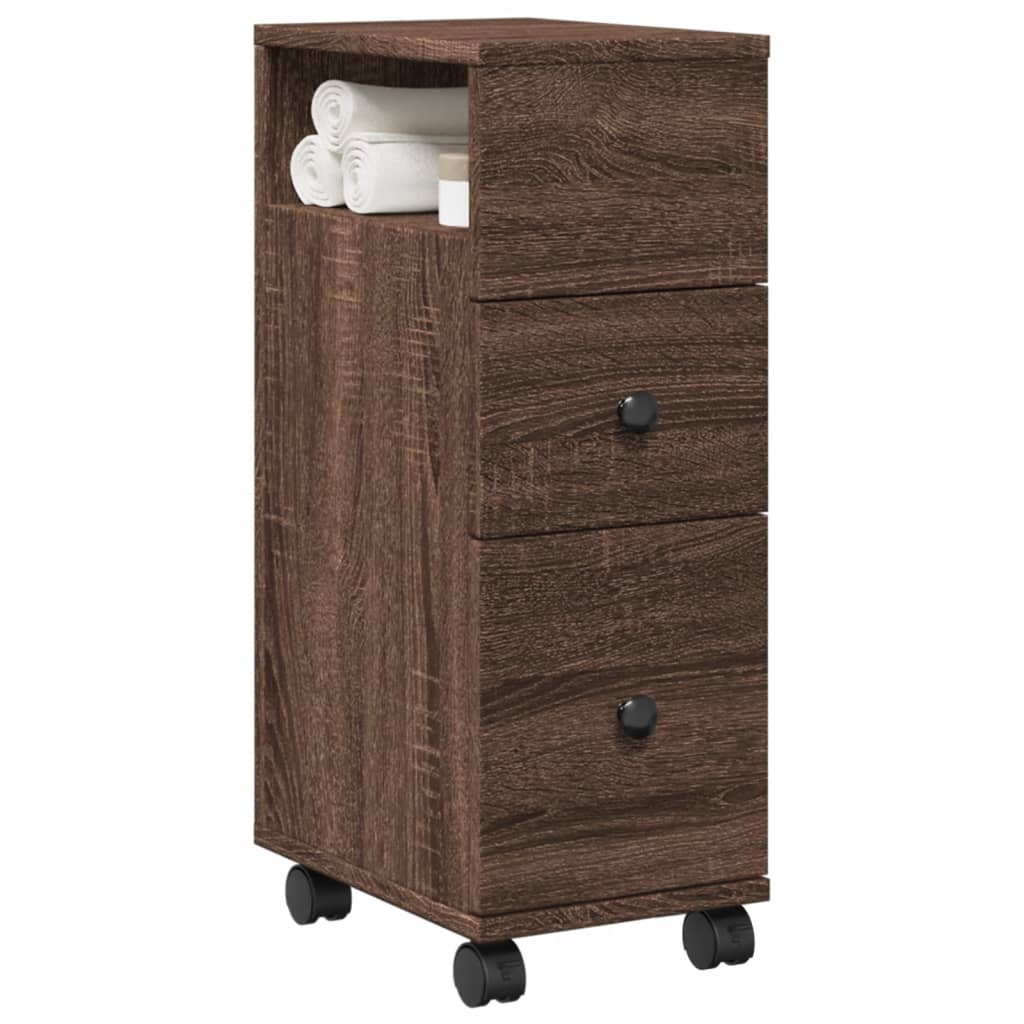 Badkamerkast smal met wielen bewerkt hout bruin eikenkleurig is nu te koop bij PeponiXL, paradijselijk wonen!