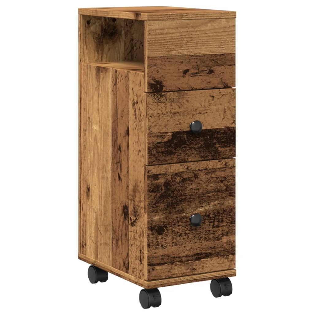 Badkamerkast smal met wielen bewerkt hout oud houtkleurig is nu te koop bij PeponiXL, paradijselijk wonen!