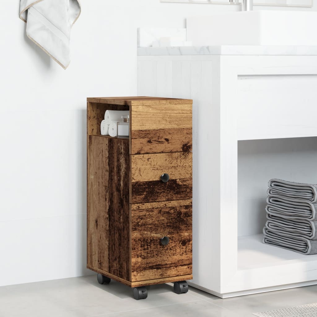 Badkamerkast smal met wielen bewerkt hout oud houtkleurig is nu te koop bij PeponiXL, paradijselijk wonen!