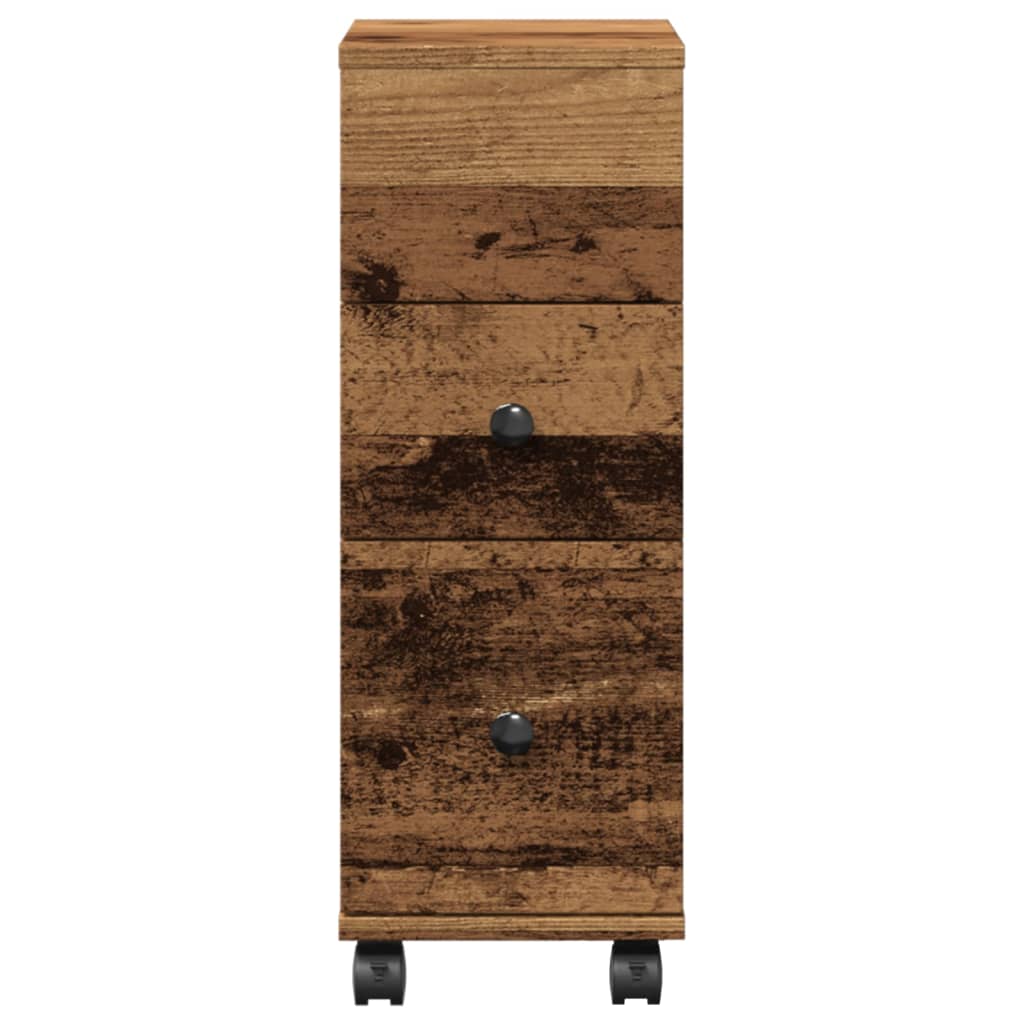 Badkamerkast smal met wielen bewerkt hout oud houtkleurig is nu te koop bij PeponiXL, paradijselijk wonen!