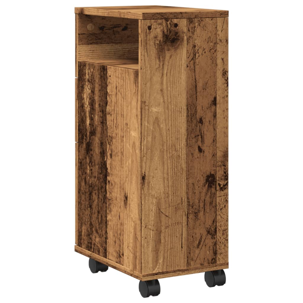Badkamerkast smal met wielen bewerkt hout oud houtkleurig is nu te koop bij PeponiXL, paradijselijk wonen!