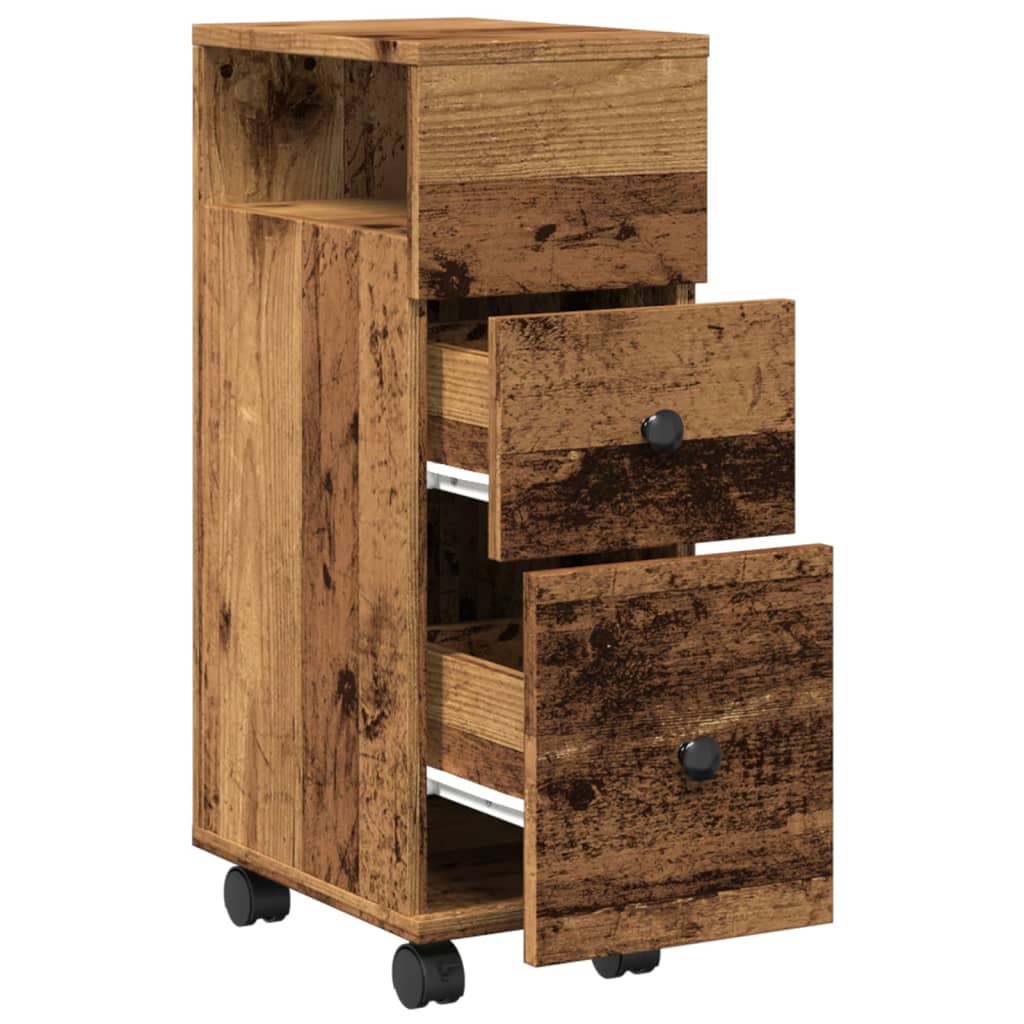 Badkamerkast smal met wielen bewerkt hout oud houtkleurig is nu te koop bij PeponiXL, paradijselijk wonen!