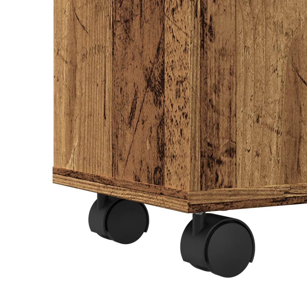 Badkamerkast smal met wielen bewerkt hout oud houtkleurig is nu te koop bij PeponiXL, paradijselijk wonen!