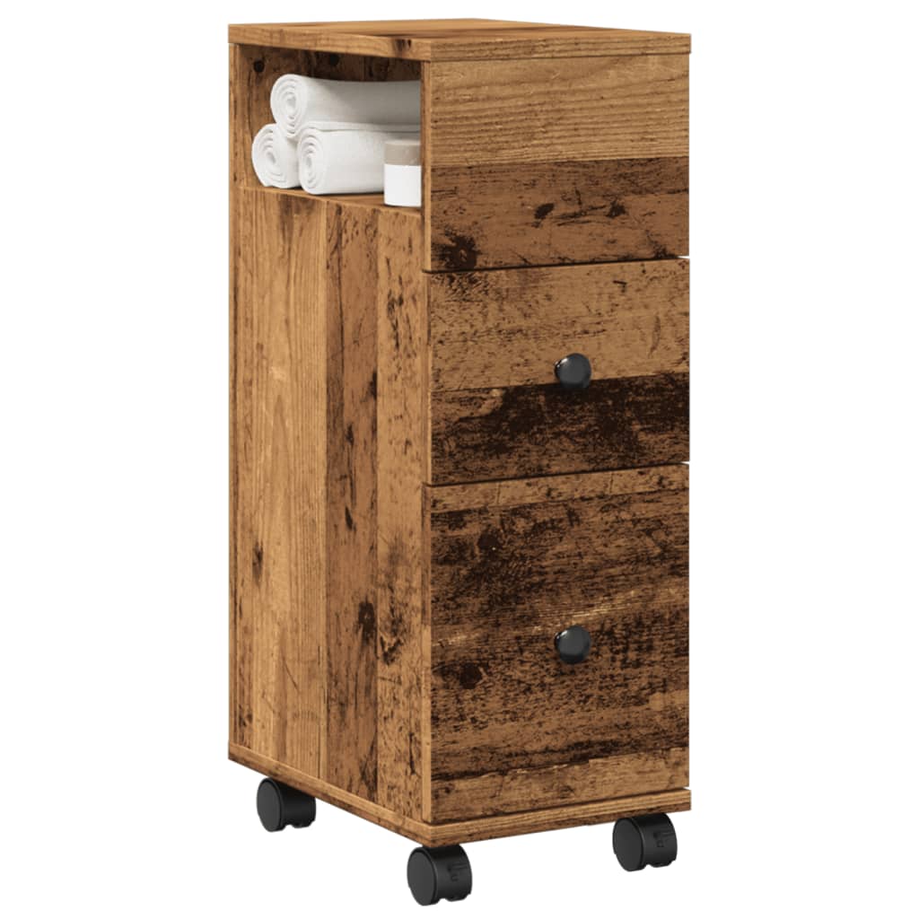 Badkamerkast smal met wielen bewerkt hout oud houtkleurig is nu te koop bij PeponiXL, paradijselijk wonen!