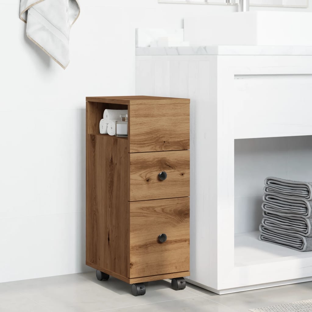 Badkamerkast smal met wielen bewerkt hout artisanaal eiken is nu te koop bij PeponiXL, paradijselijk wonen!