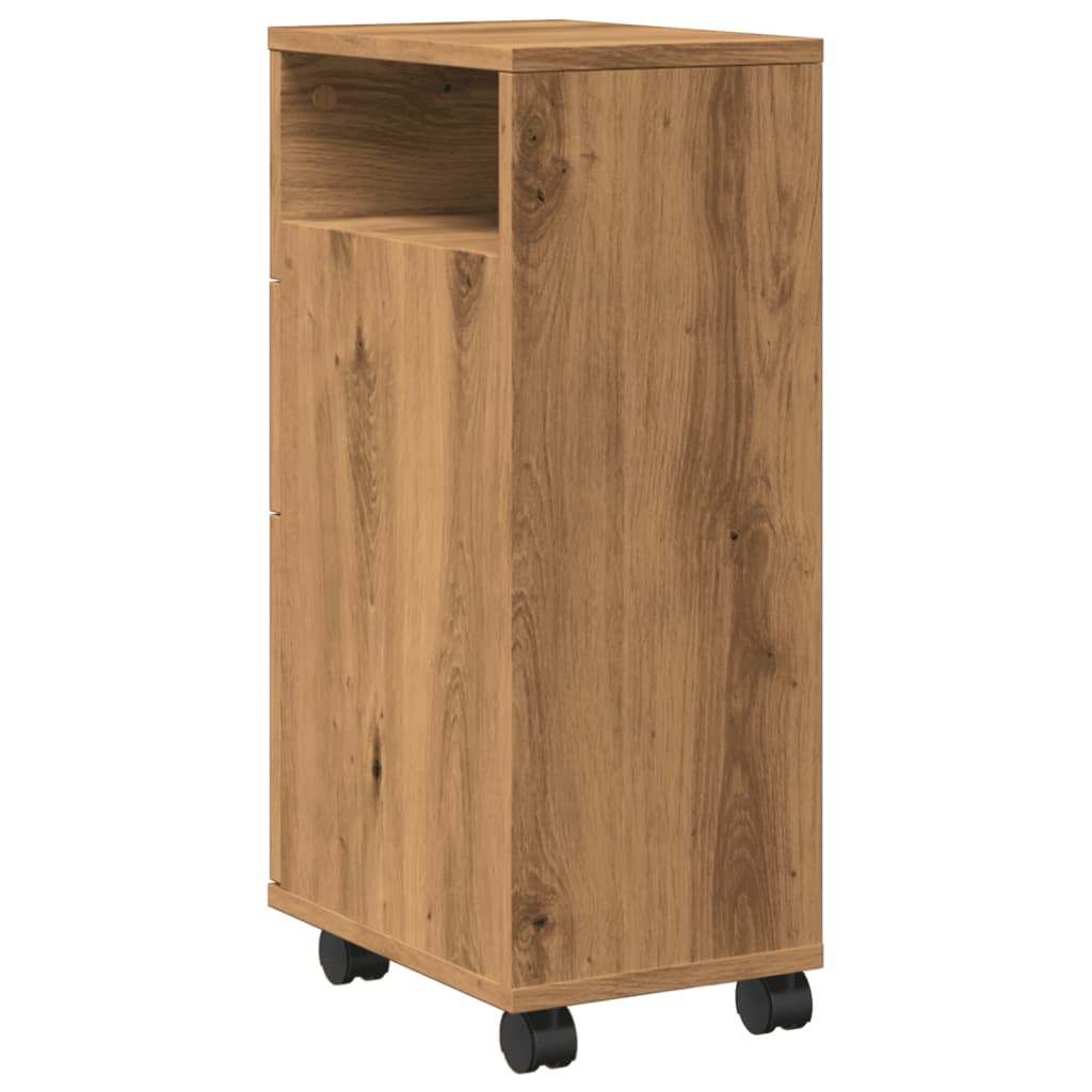 Badkamerkast smal met wielen bewerkt hout artisanaal eiken is nu te koop bij PeponiXL, paradijselijk wonen!