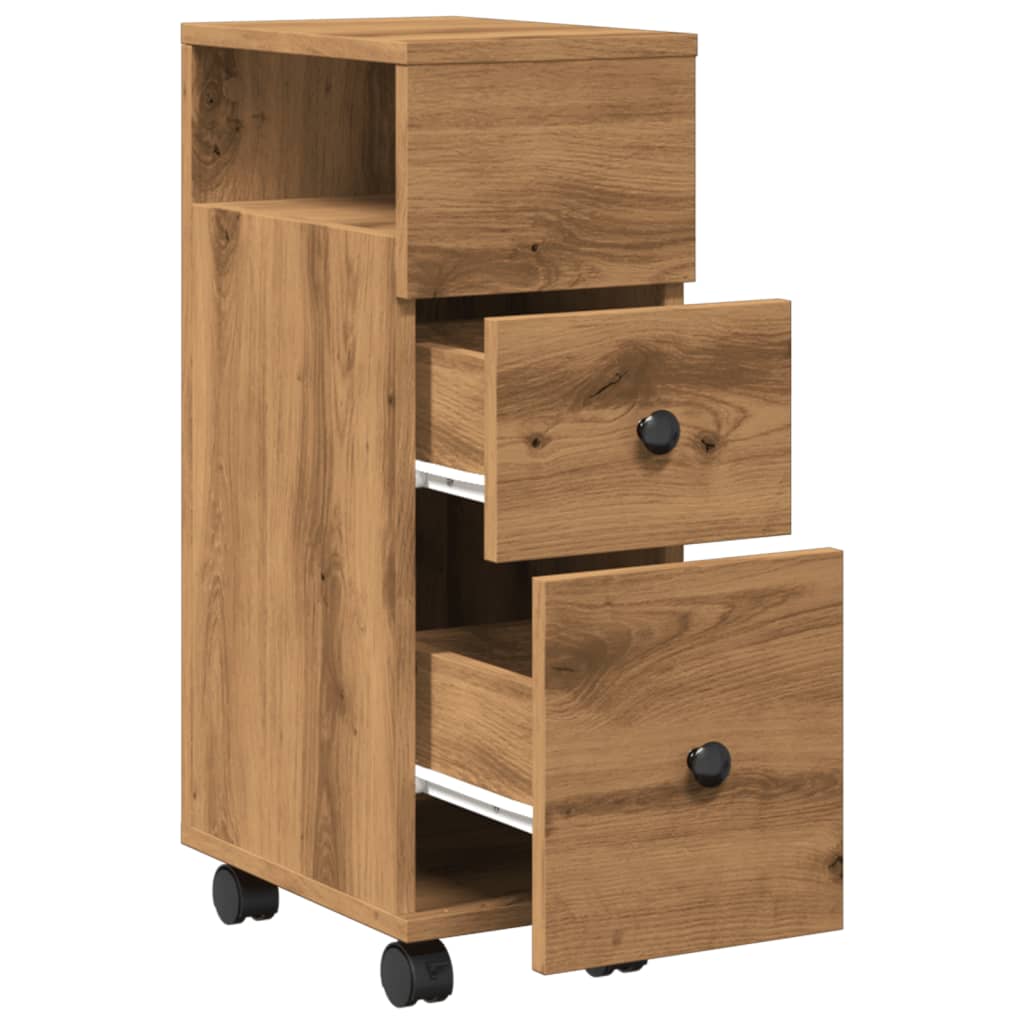 Badkamerkast smal met wielen bewerkt hout artisanaal eiken is nu te koop bij PeponiXL, paradijselijk wonen!
