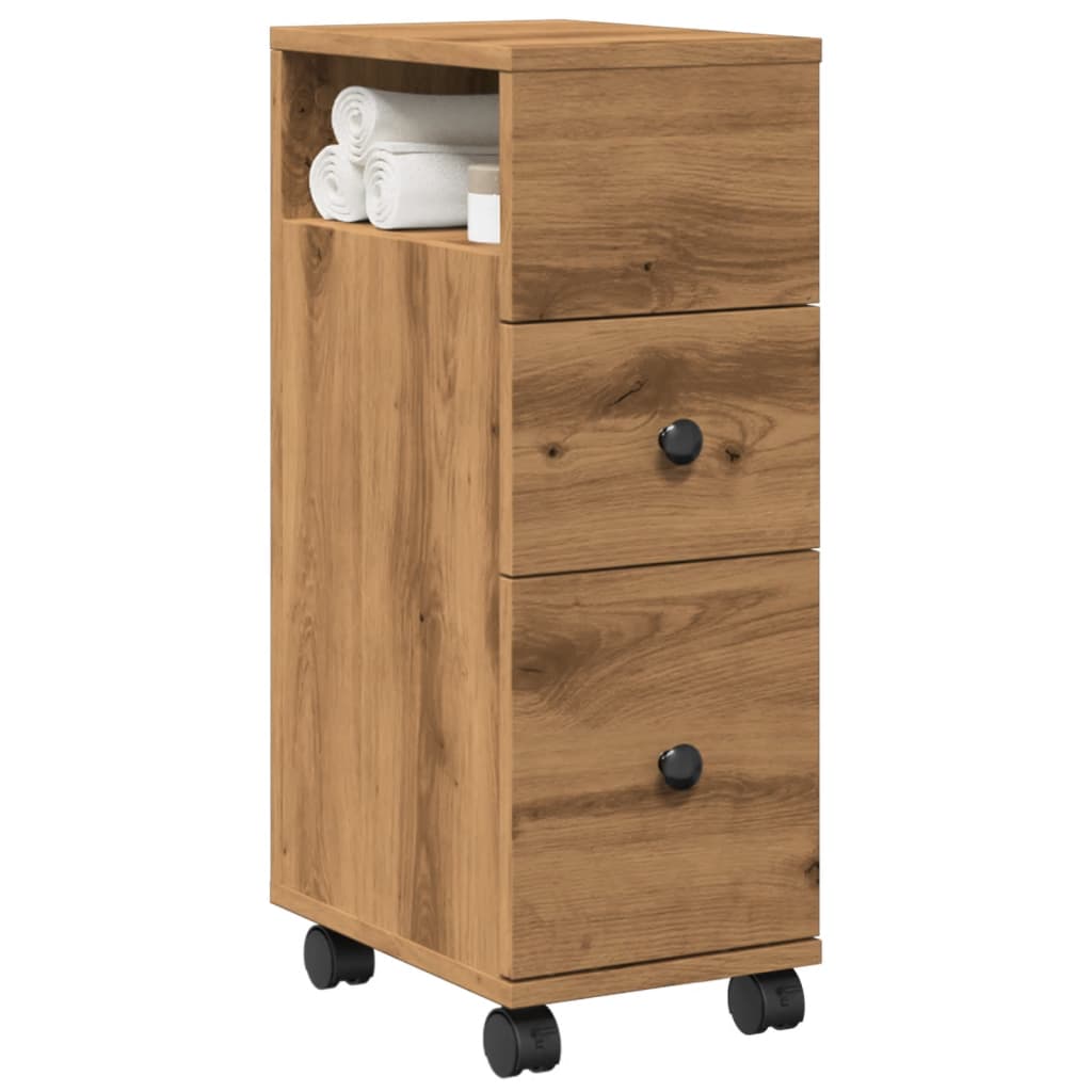 Badkamerkast smal met wielen bewerkt hout artisanaal eiken is nu te koop bij PeponiXL, paradijselijk wonen!