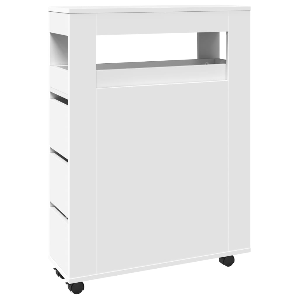 Badkamerkast smal met wielen bewerkt hout wit is nu te koop bij PeponiXL, paradijselijk wonen!