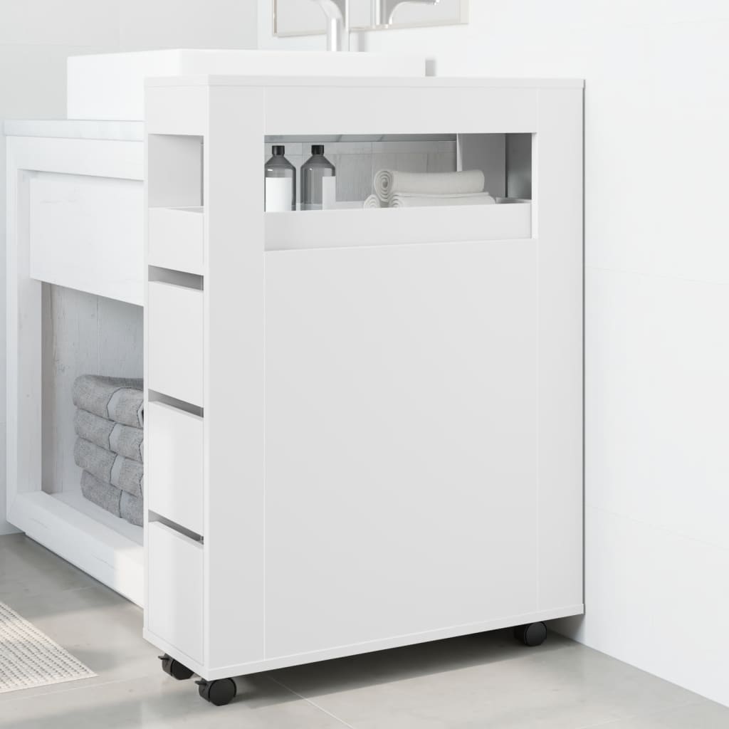Badkamerkast smal met wielen bewerkt hout wit is nu te koop bij PeponiXL, paradijselijk wonen!