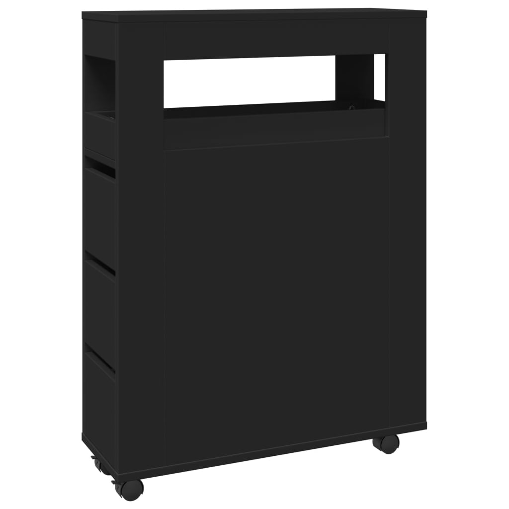 Badkamerkast smal met wielen bewerkt hout zwart is nu te koop bij PeponiXL, paradijselijk wonen!