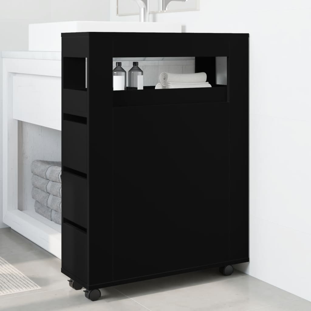 Badkamerkast smal met wielen bewerkt hout zwart is nu te koop bij PeponiXL, paradijselijk wonen!