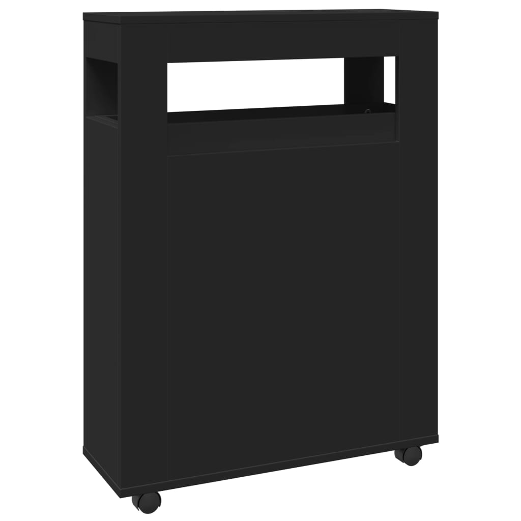 Badkamerkast smal met wielen bewerkt hout zwart is nu te koop bij PeponiXL, paradijselijk wonen!