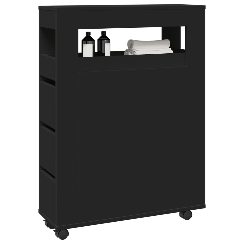 Badkamerkast smal met wielen bewerkt hout zwart is nu te koop bij PeponiXL, paradijselijk wonen!