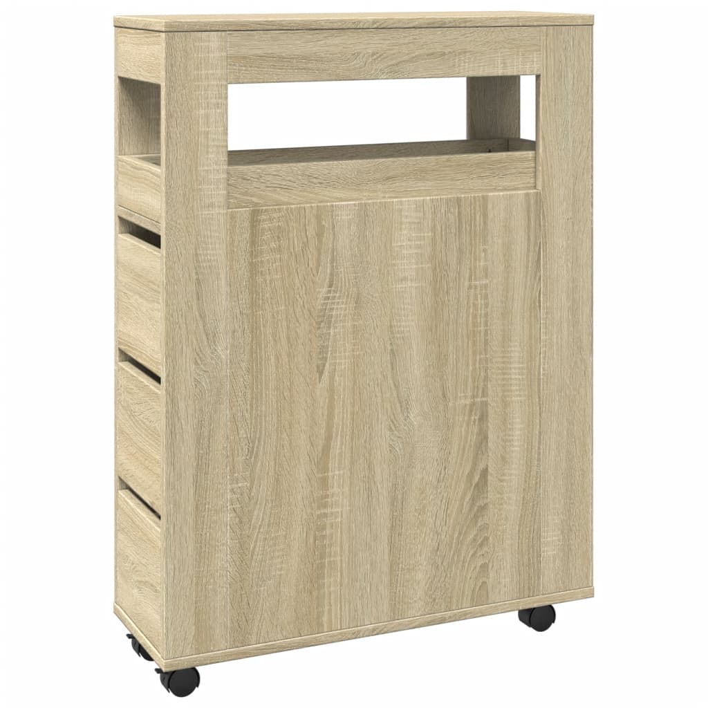 Badkamerkast smal met wielen bewerkt hout sonoma eikenkleurig is nu te koop bij PeponiXL, paradijselijk wonen!