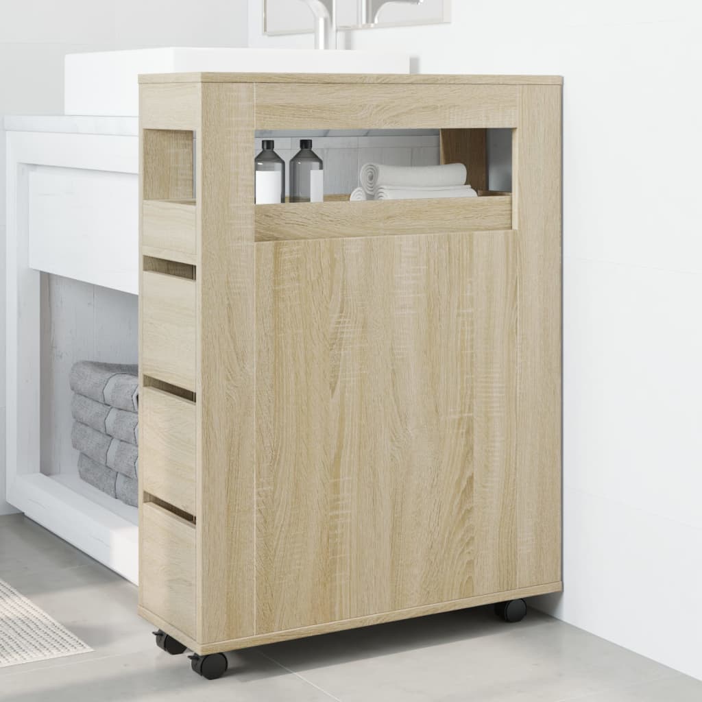 Badkamerkast smal met wielen bewerkt hout sonoma eikenkleurig is nu te koop bij PeponiXL, paradijselijk wonen!