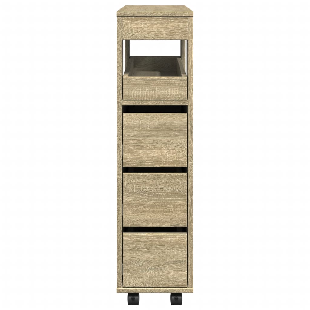 Badkamerkast smal met wielen bewerkt hout sonoma eikenkleurig is nu te koop bij PeponiXL, paradijselijk wonen!