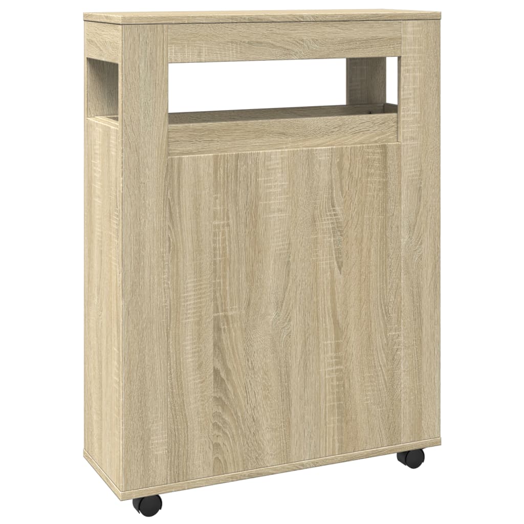 Badkamerkast smal met wielen bewerkt hout sonoma eikenkleurig is nu te koop bij PeponiXL, paradijselijk wonen!