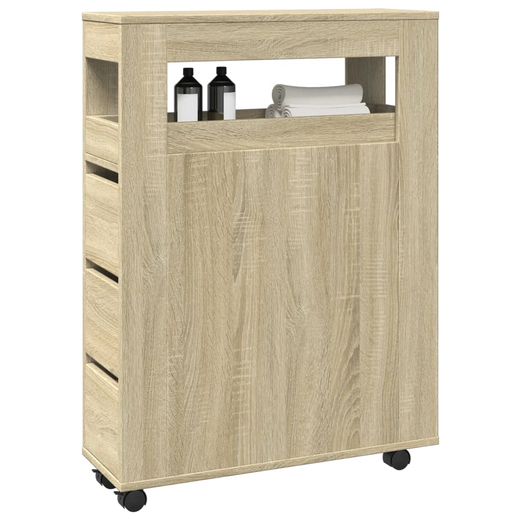 Badkamerkast smal met wielen bewerkt hout sonoma eikenkleurig is nu te koop bij PeponiXL, paradijselijk wonen!